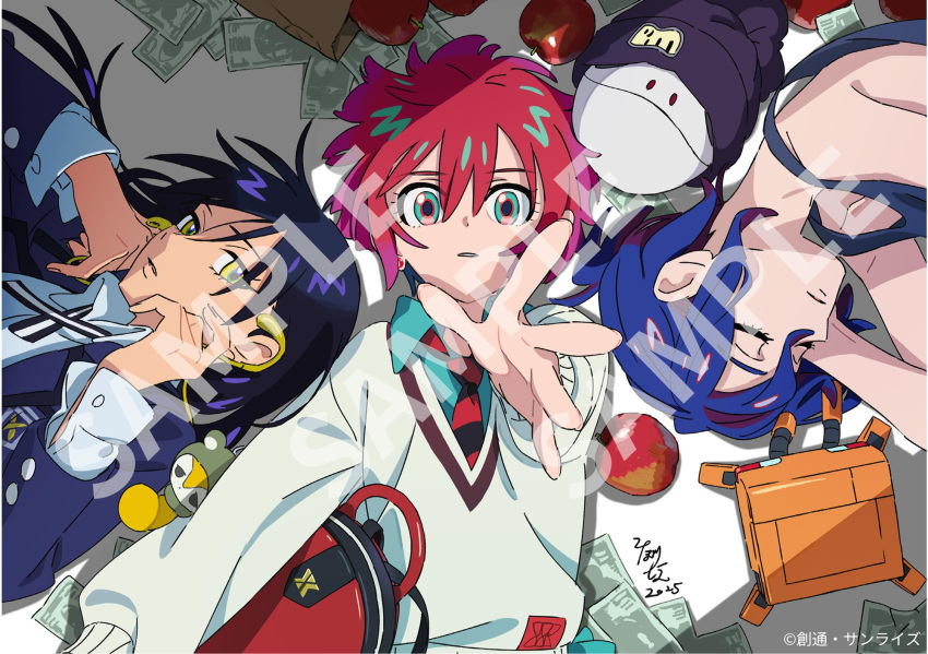 1boy, 2girls, amate_yuzuriha, animal_charm, apple, aqua_eyes, bag, bag_charm