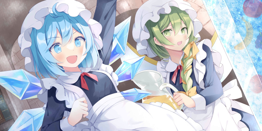 2girls, alternate_costume, alternate_hairstyle, apple, apron, banana, blue_dress, blue_eyes