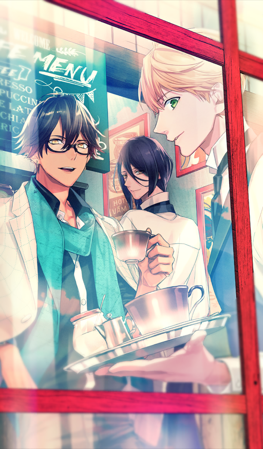 3boys, aqua_scarf, arthur_pendragon_(cafe_camelot)_(fate), arthur_pendragon_(fate), black_hair, black_necktie, black_shirt, black_vest