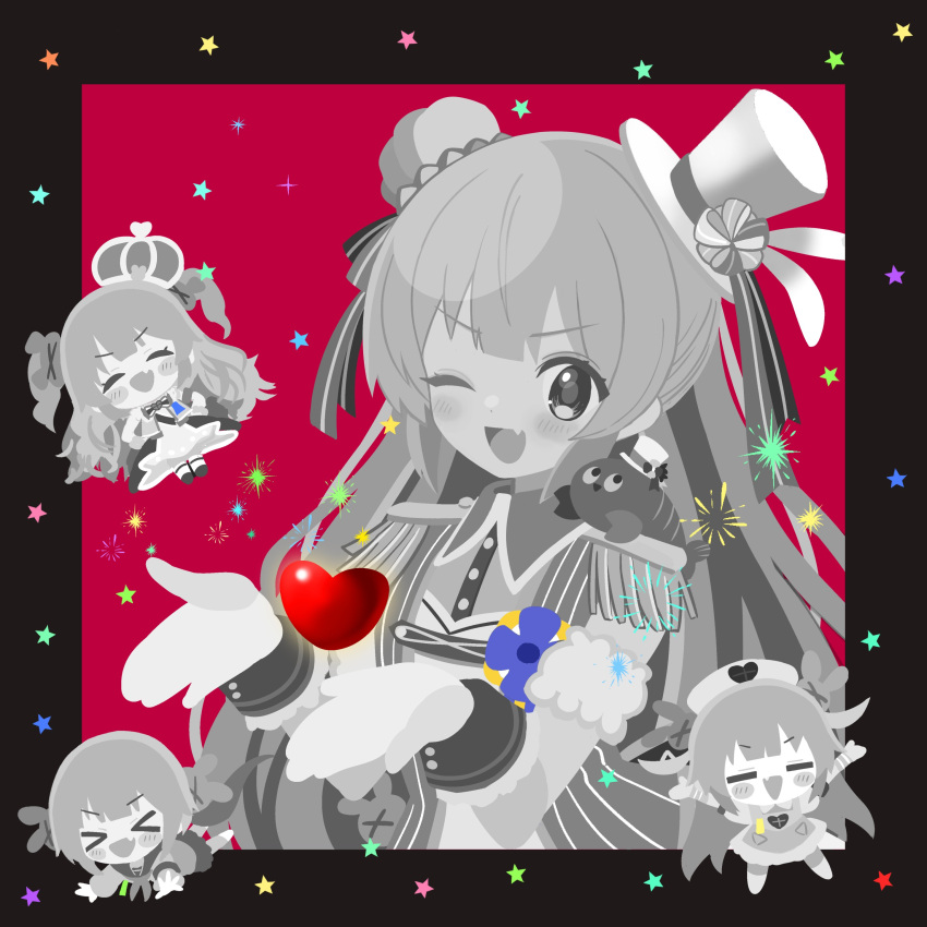 >_<, :d, ;d, absurdres, black_border, border, chibi, commentary_request