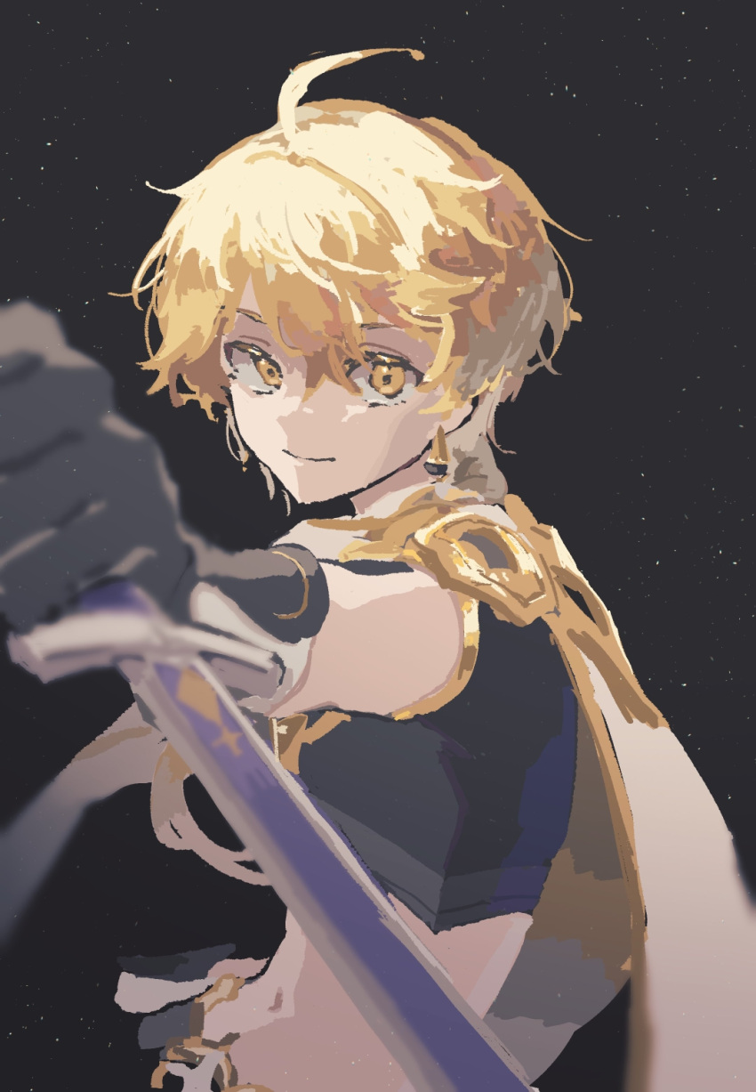1boy, aether_(genshin_impact), ahoge, bienbien010, black_gloves, blonde_hair, braid, closed_mouth