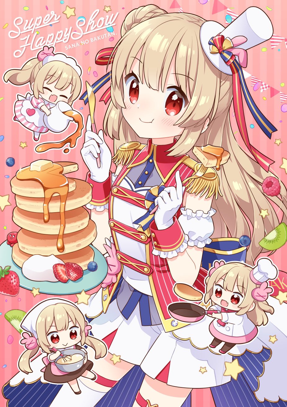4girls, :>, blonde_hair, chef, chef_hat, chibi, closed_mouth, commentary_request