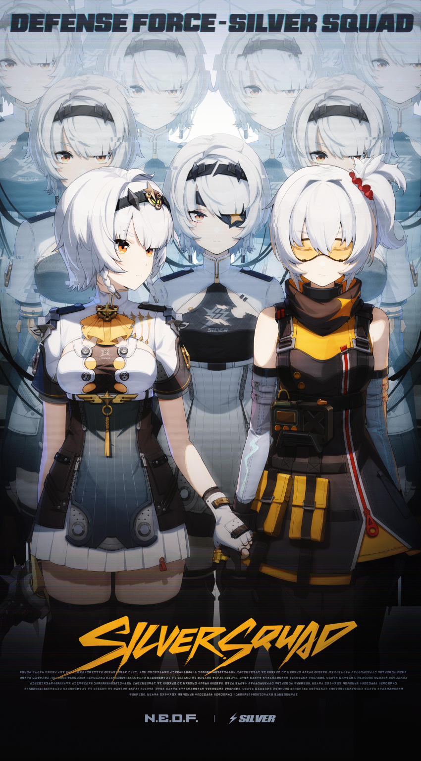 6+girls, absurdres, anby_demara, anby_demara_(silver_soldier), black_hairband, black_thighhighs, braid, breasts