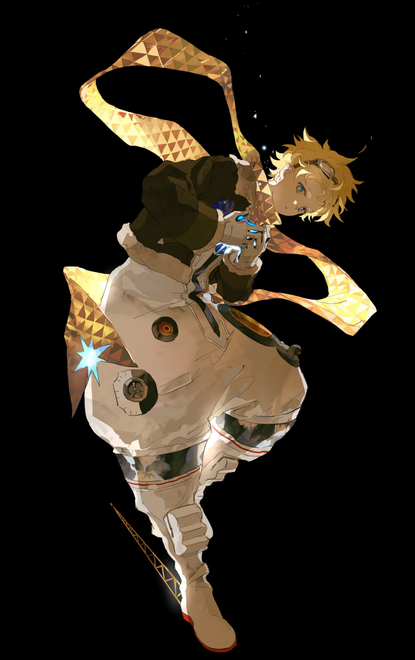 1boy, absurdres, baggy_clothes, black_background, blonde_hair, blue_eyes, bomber_jacket, brown_jacket
