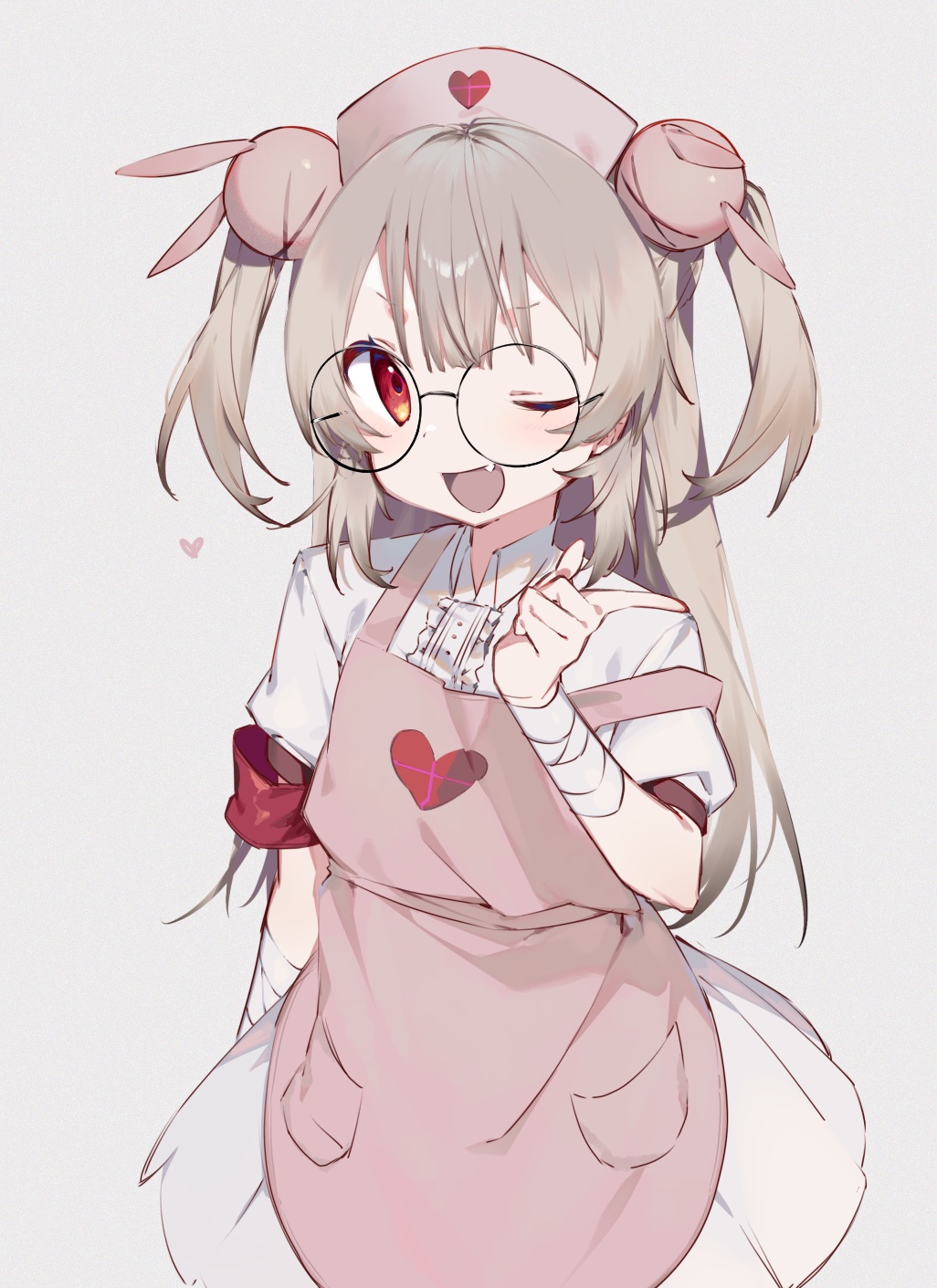1girl, apron, bandaged_wrist, bandages, commentary, cowboy_shot, fang, glasses, grey_background, hair_ornament, hand_up, hashtag-only_commentary, hat, heart, heart_print, highres, index_finger_raised, long_hair, looking_at_viewer, nano_(nan0ng), natori_sana, natori_sana_(nurse), nurse_cap, one_eye_closed, open_mouth, pink_apron, pink_hat, puffy_short_sleeves, puffy_sleeves, rabbit_hair_ornament, red_eyes, round_eyewear, sana_channel, short_sleeves, simple_background, smile, solo, standing, two_side_up, virtual_youtuber