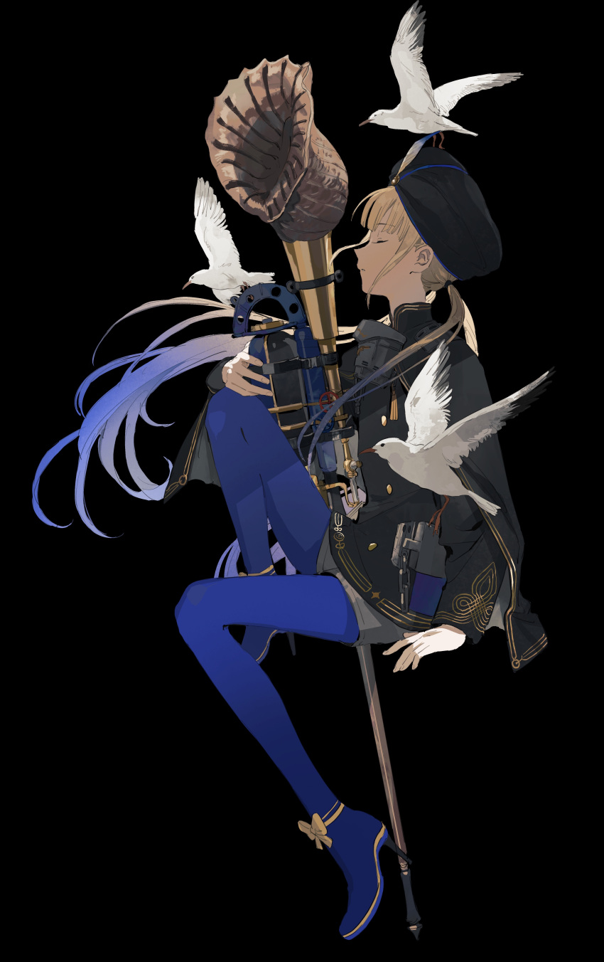 1boy, absurdres, androgynous, artist_name, bird, black_background, black_hat, black_jacket, black_poncho, blonde_hair, blue_hair, blue_leggings, buttons, captain_nemo_(fate), captain_nemo_(third_ascension)_(fate), chinese_commentary, closed_eyes, commentary_request, double-breasted, fate/grand_order, fate_(series), from_side, full_body, gradient_hair, grey_shorts, hat, high_heels, highres, holding, holding_staff, invisible_chair, jacket, knee_up, leggings, long_hair, long_sleeves, low_twintails, male_focus, mimulishizi, multicolored_hair, nemo_(fate), parted_lips, seagull, seashell, shell, shorts, simple_background, sitting, solo, staff, tassel, turban, twintails, two-tone_hair, very_long_hair