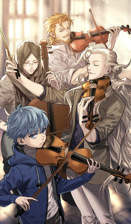 4boys, beard, black_hair, black_pants, black_scarf, blue_eyes, blue_hair, blue_hoodie