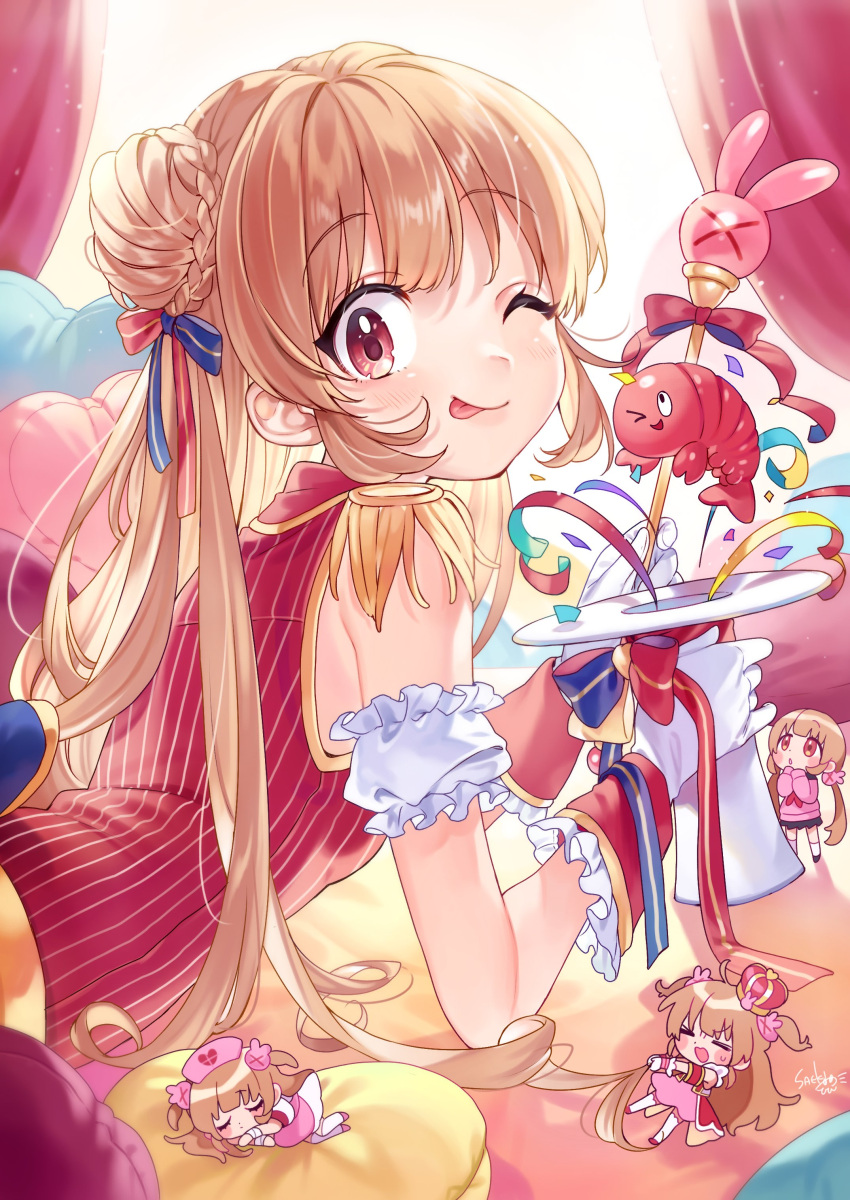 4girls, ;p, absurdres, blonde_hair, chibi, commentary_request, confetti, curtains