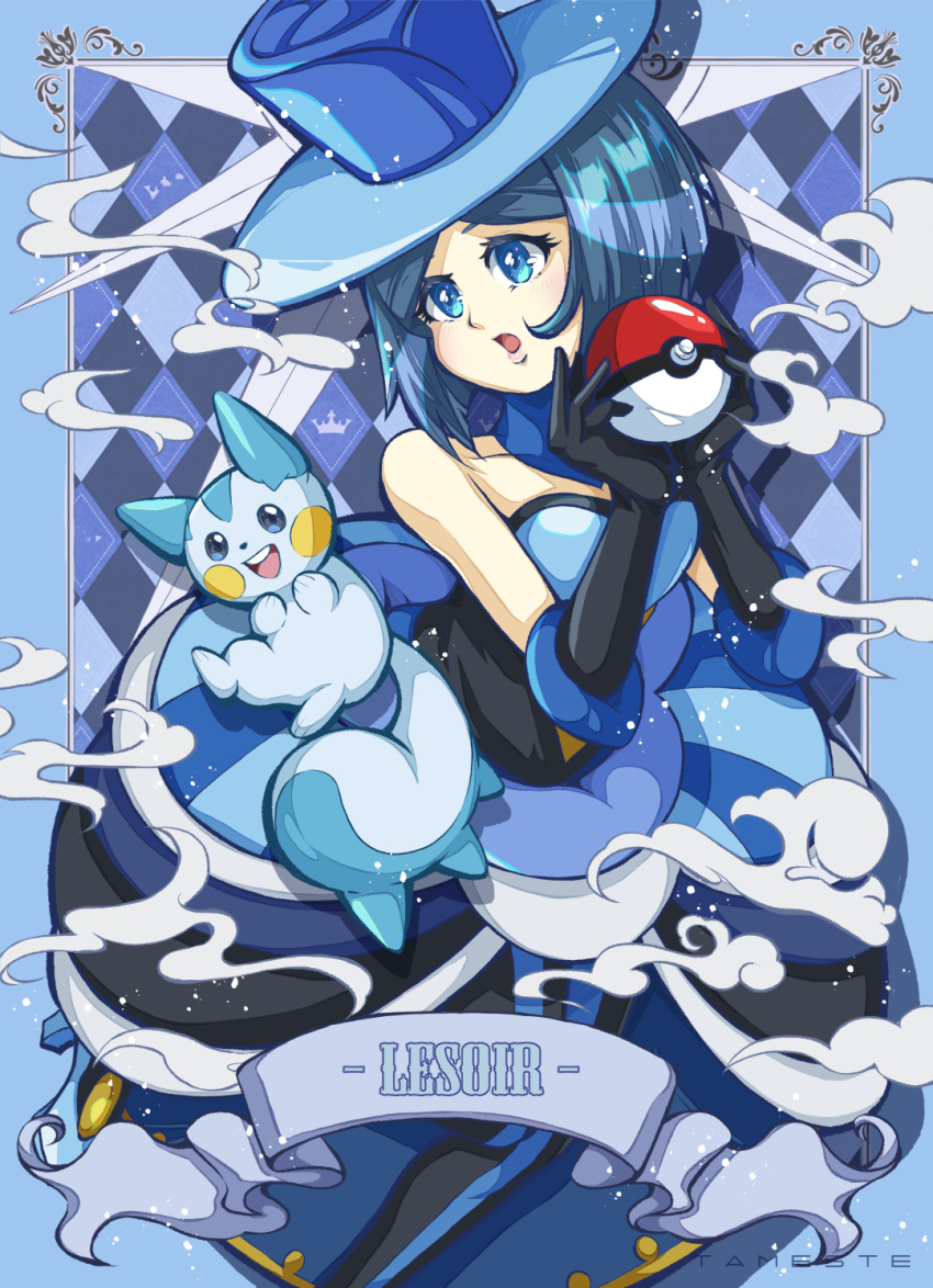 1girl, ame_(tameste), battle_chatelaine, black_gloves, blue_eyes, blue_hair, blue_hat, character_name, evelyn_(pokemon), gloves, hat, highres, holding, holding_poke_ball, open_mouth, pachirisu, poke_ball, poke_ball_(basic), pokemon, pokemon_(creature), pokemon_xy, top_hat