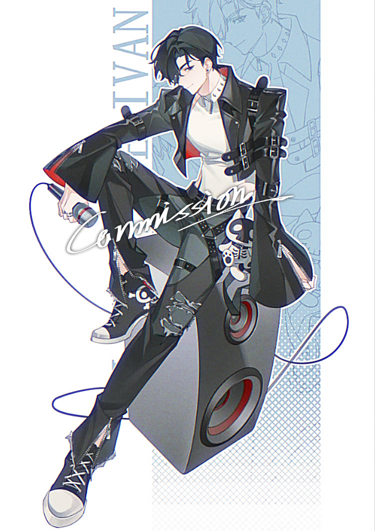 1boy, alien_stage, alternate_costume, arm_on_knee, black_eyes, black_hair, black_jacket, black_pants, black_shoes, cable, character_name, chinese_commentary, commentary_request, commission, earrings, full_body, holding, holding_microphone, ivan_(alien_stage), jacket, jewelry, knee_up, male_focus, microphone, pants, passerb37118098, shirt, shoes, short_hair, sitting, sleeve_zipper, sneakers, solo, speaker, very_short_hair, white_shirt, zipper, zoom_layer