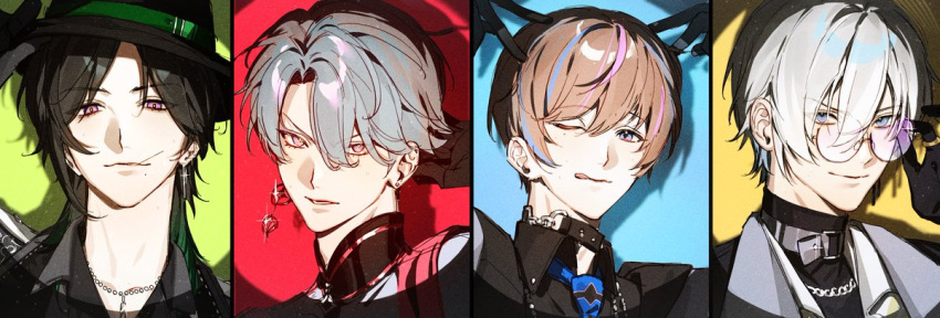 4boys, black_collar, black_gloves, black_hair, black_shirt, blue_background, blue_eyes, blue_hair, blue_necktie, brown_hair, by_the_beat, closed_mouth, collar, collared_shirt, commentary, double_v, earrings, english_commentary, freodore_(nijisanji), gloves, green_background, grey_hair, hair_between_eyes, hair_over_one_eye, hand_up, hands_up, hat_tip, high_collar, hoop_earrings, jewelry, kaelix_debonair, looking_at_viewer, male_focus, mismatched_earrings, mole, mole_under_mouth, multicolored_hair, multiple_boys, necklace, necktie, nijisanji, nijisanji_en, one_eye_closed, parted_bangs, parted_lips, pink_eyes, pink_hair, portrait, pupothos, red_background, ring, round_eyewear, seible_(nijisanji), shirt, short_hair, smile, spotlight, streaked_hair, stud_earrings, sunglasses, tongue, tongue_out, turtleneck, v, violet_eyes, virtual_youtuber, white_hair, zeal_ginjoka