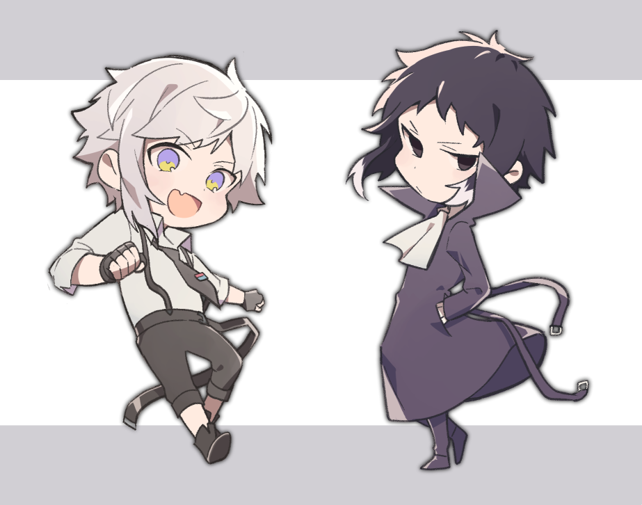 2boys, :d, akutagawa_ryuunosuke_(bungou_stray_dogs), ascot, belt, black_coat, black_eyes, black_gloves