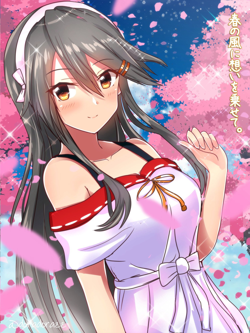 1girl, alternate_costume, brown_eyes, cherry_blossoms, dress, english_commentary, grey_hair, hair_ornament, hairband, hairclip, haruna_(kancolle), highres, kantai_collection, long_hair, looking_at_viewer, petals, roko_roko_(doradorazz), solo, translation_request, tree, upper_body, white_dress, white_hairband