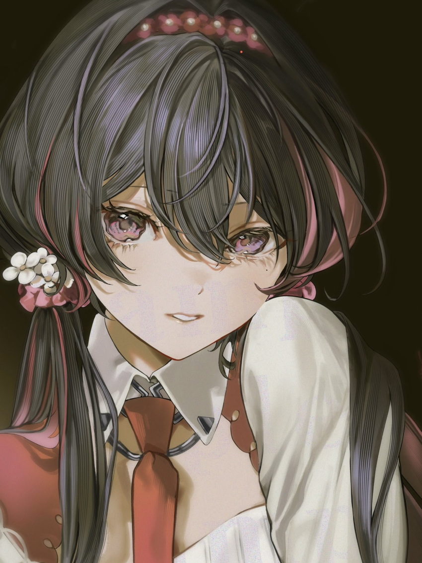 1girl, black_hair, close-up, commentary, commission, flower, flower_hairband, hair_between_eyes