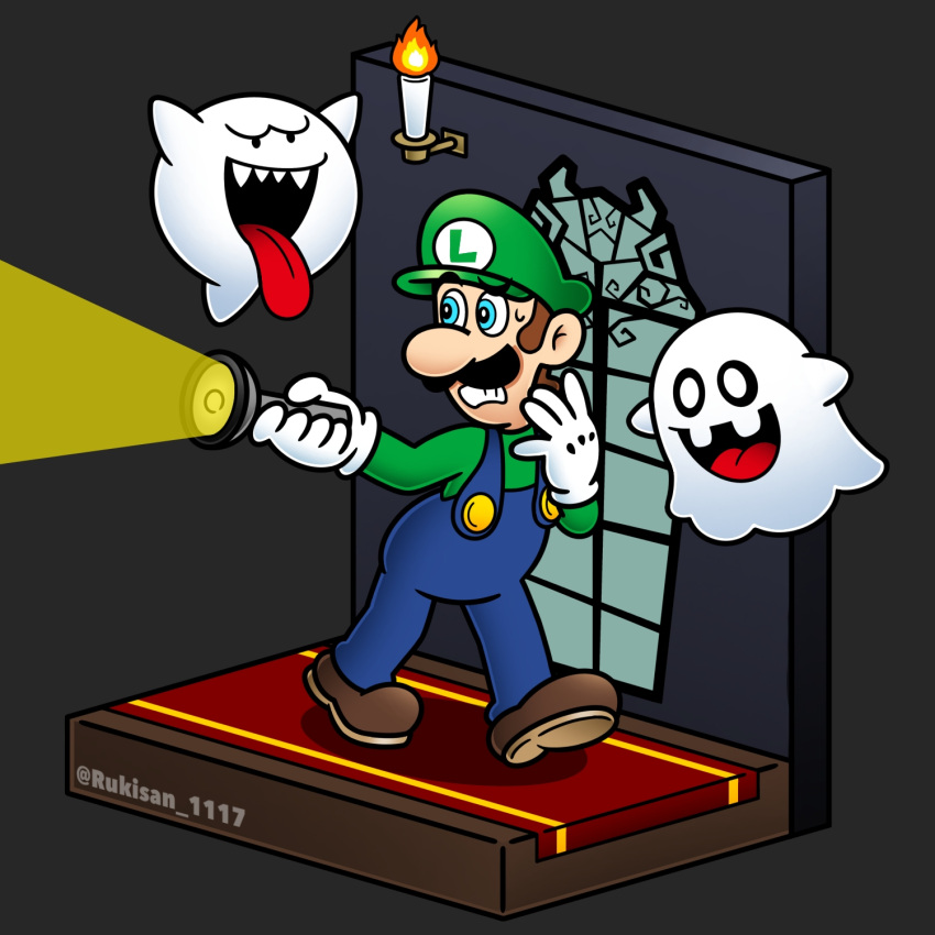 1boy, artist_name, blue_eyes, blue_overalls, boo_(mario), boots, brown_boots, brown_eyes