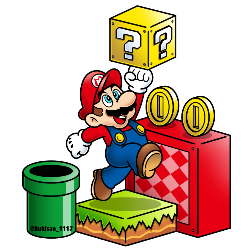 1boy, ?_block, blue_eyes, blue_overalls, boots, brown_boots, brown_hair, coin, facial_hair, gloves, grass, hat, highres, mario, mustache, nakaue_shigehisa_(style), official_style, open_mouth, overalls, red_hat, red_shirt, rukimin1117, shirt, short_hair, simple_background, solo, super_mario_bros., teeth, upper_teeth_only, warp_pipe, white_background, white_gloves
