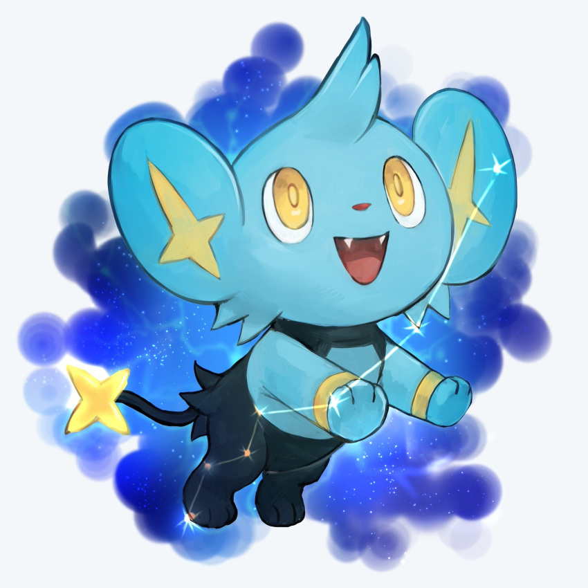 animal_focus, artist_name, blue_background, commentary_request, constellation, day_walker1117, english_text, fangs, happy, highres, jumping, looking_up, lynx_(constellation), no_humans, open_mouth, pokemon, pokemon_(creature), revision, shinx, signature, smile, solo, space, star_(sky), twitter_username, yellow_eyes