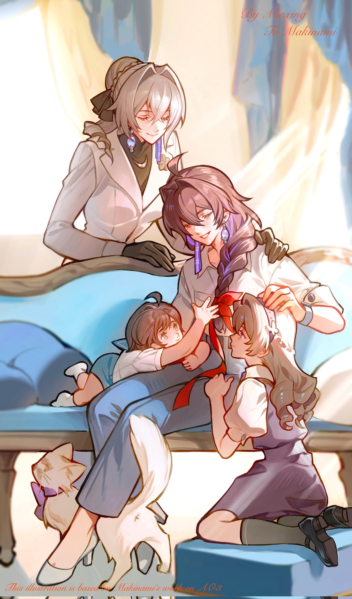 4girls, black_gloves, black_ribbon, black_shirt, black_shoes, blue_hair, blue_pants, braid, bronya_rand, bun_with_braided_base, child, closed_eyes, coat, commentary, corrupted_twitter_file, couch, dog, drill_hair, earrings, english_commentary, english_text, fanfiction_available, gloves, grey_hair, grey_socks, hair_bun, hair_intakes, hair_over_shoulder, hair_ribbon, hand_on_another's_head, hand_on_another's_shoulder, high_heels, highres, honkai:_star_rail, honkai_(series), jewelry, long_sleeves, mary_janes, mie_xing, mother_and_daughter, multiple_girls, on_couch, pants, puffy_short_sleeves, puffy_sleeves, red_ribbon, ribbon, seele_(honkai:_star_rail), shirt, shoes, short_sleeves, single_braid, sitting, smile, socks, white_coat, white_shirt, white_shoes