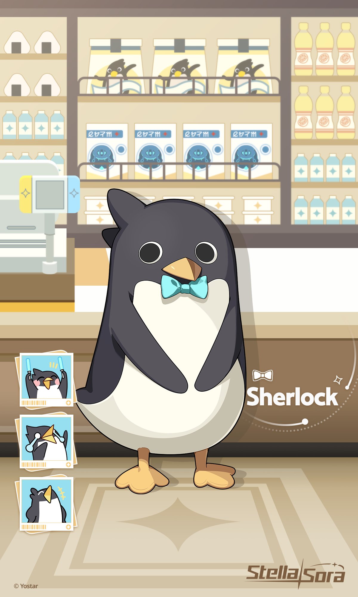 +++, :d, ^_^, animal_focus, bird, blue_bow, blue_bowtie, blush_stickers, bow, bowtie, cash_register, character_name, closed_eyes, commentary, convenience_store, copyright_name, copyright_notice, crying, english_commentary, glowstick, highres, holding, holding_glowstick, indoors, multiple_expressions, no_humans, official_art, penguin, penlight_(glowstick), sherlock_(stella_sora), shop, smile, solo, standing, stella_sora, streaming_tears, tears, traditional_bowtie