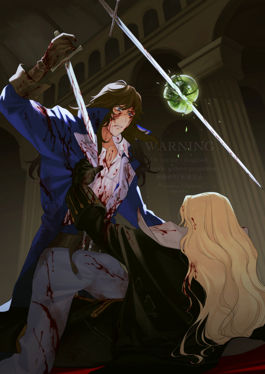 2boys, alucard_(castlevania), battle, belt, black_cape, blonde_hair, blood, blood_on_clothes, blood_on_face, blue_coat, blue_eyes, brown_hair, cape, castlevania:_symphony_of_the_night, castlevania_(series), coat, dagger, floating, floating_object, floating_sword, floating_weapon, gloves, grey_pants, highres, holding, holding_dagger, holding_knife, holding_weapon, knife, lapels, long_hair, multiple_boys, nakano_kaworu, open_clothes, open_coat, pants, pillar, richter_belmont, sword, watermark, weapon