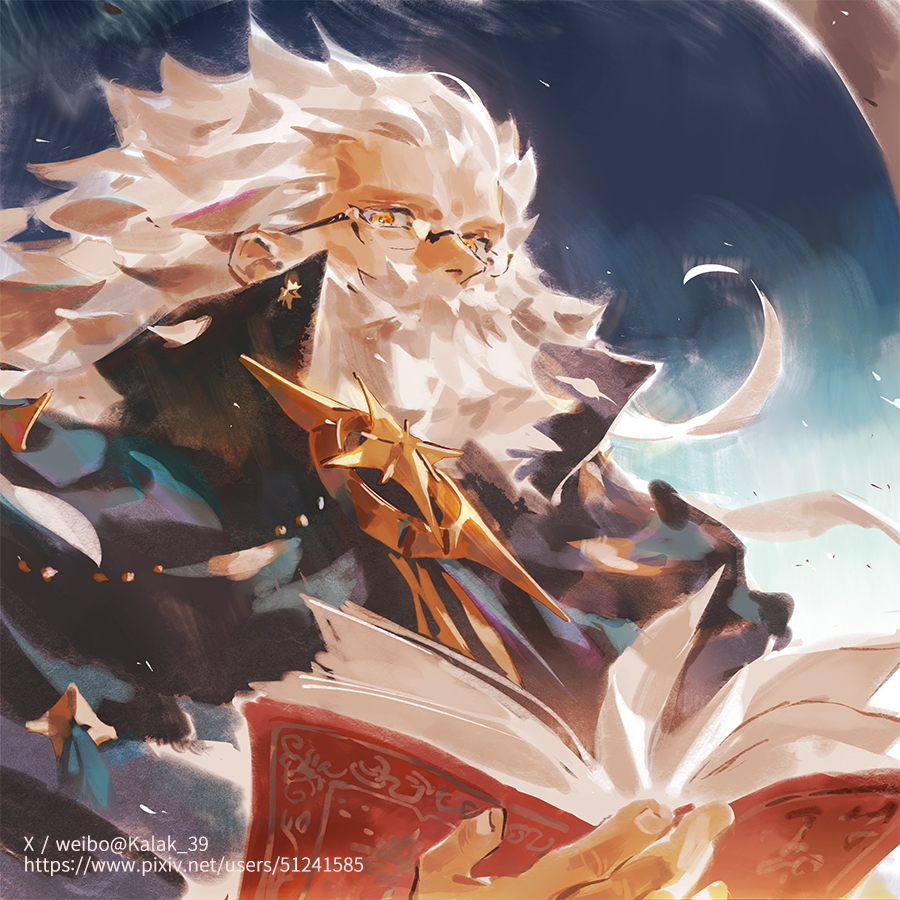 1boy, beard, book, brown_eyes, dark-skinned_male, dark_skin, facial_hair, fate/grand_order, fate_(series), glasses, grey_hair, high_collar, kalak_39, male_focus, old, old_man, open_book, pixiv_id, ptolemy_(fate), ptolemy_(third_ascension)_(fate), twitter_username