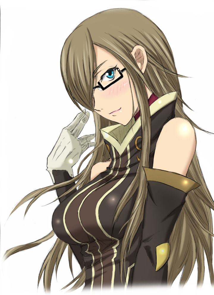 bespectacled, blue_eyes, breasts, brown_hair, glasses, gloves, hair_over_one_eye, k2