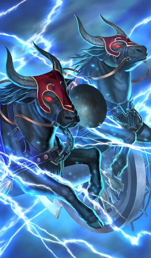 animal_focus, aqua_background, aqua_theme, bull, chain, commentary, fate/grand_order, fate/zero, fate_(series), glowing, glowing_eyes, gordius_wheel_(fate), harness, lasengle, lightning, no_humans, official_art, red_eyes, reins, running, third-party_source