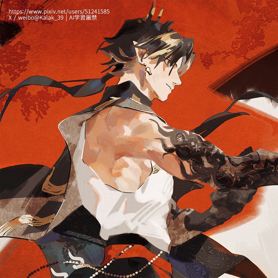 1boy, arknights, black_skin, brown_hair, chongyue_(arknights), colored_skin, dragon_boy, dragon_horns