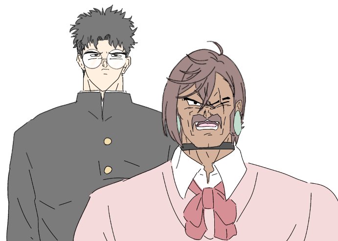 2boys, ayase_momo, ayase_momo_(cosplay), bow, bowtie, broly_(dragon_ball_z), cosplay, dandadan, dark_skin, dragon_ball, dragon_ball_z, envt_060606, gakuran, glasses, loose_bowtie, meme, multiple_boys, paragus_(dragon_ball_z), parody, pendant_earring, pink_sweater, round_eyewear, scar, school_uniform, sweater, takakura_ken_(dandadan), takakura_ken_(dandadan)_(cosplay), white_background