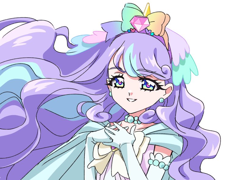 1girl, blue_eyes, blue_hair, earrings, elbow_gloves, gem, gloves, hand_on_own_chest