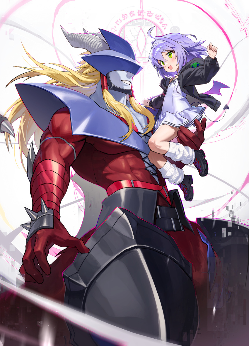 1boy, 1girl, absurdres, black_jacket, blonde_hair, blush, carrying, carrying_person, centauroid, colored_skin, covered_eyes, demon_boy, digimon, digimon_(creature), dress, granddracumon, green_eyes, grey_skin, highres, horns, jacket, long_hair, muna_1414, parted_lips, short_hair, simple_background, smile, taur, violet_eyes, white_background, white_dress