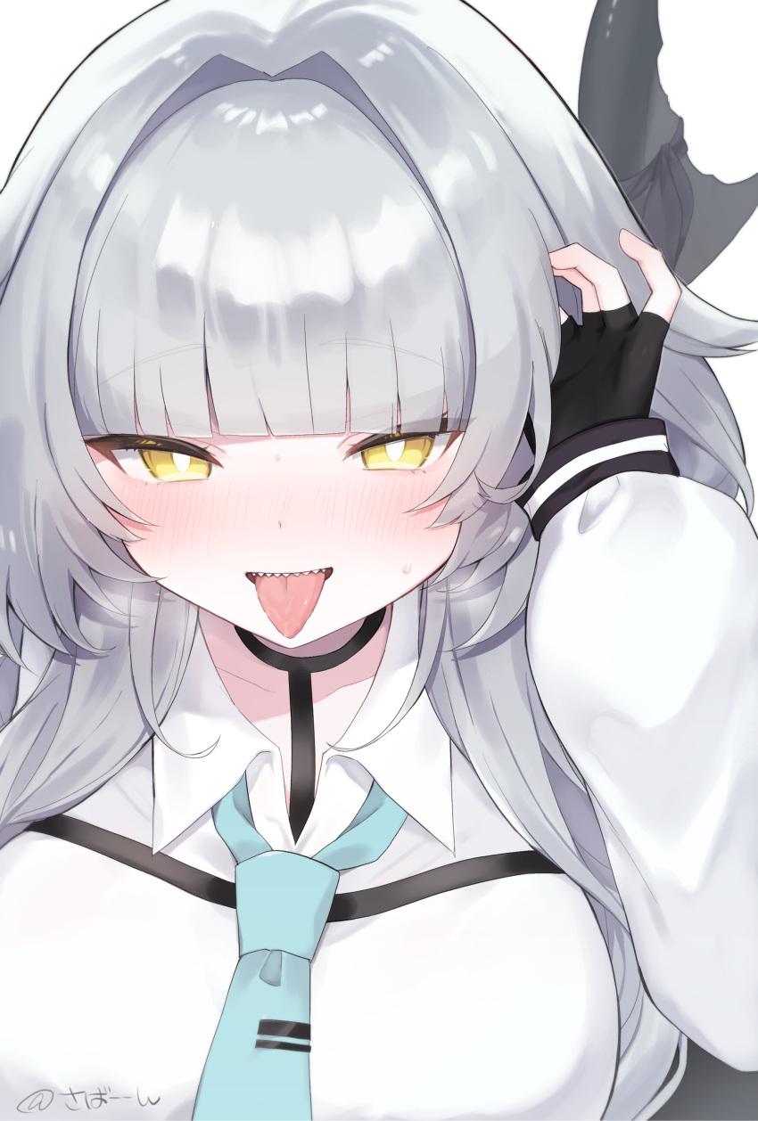 1girl, absurdres, akikan_sabago, black_choker, black_gloves, black_ribbon, blue_necktie, blunt_bangs
