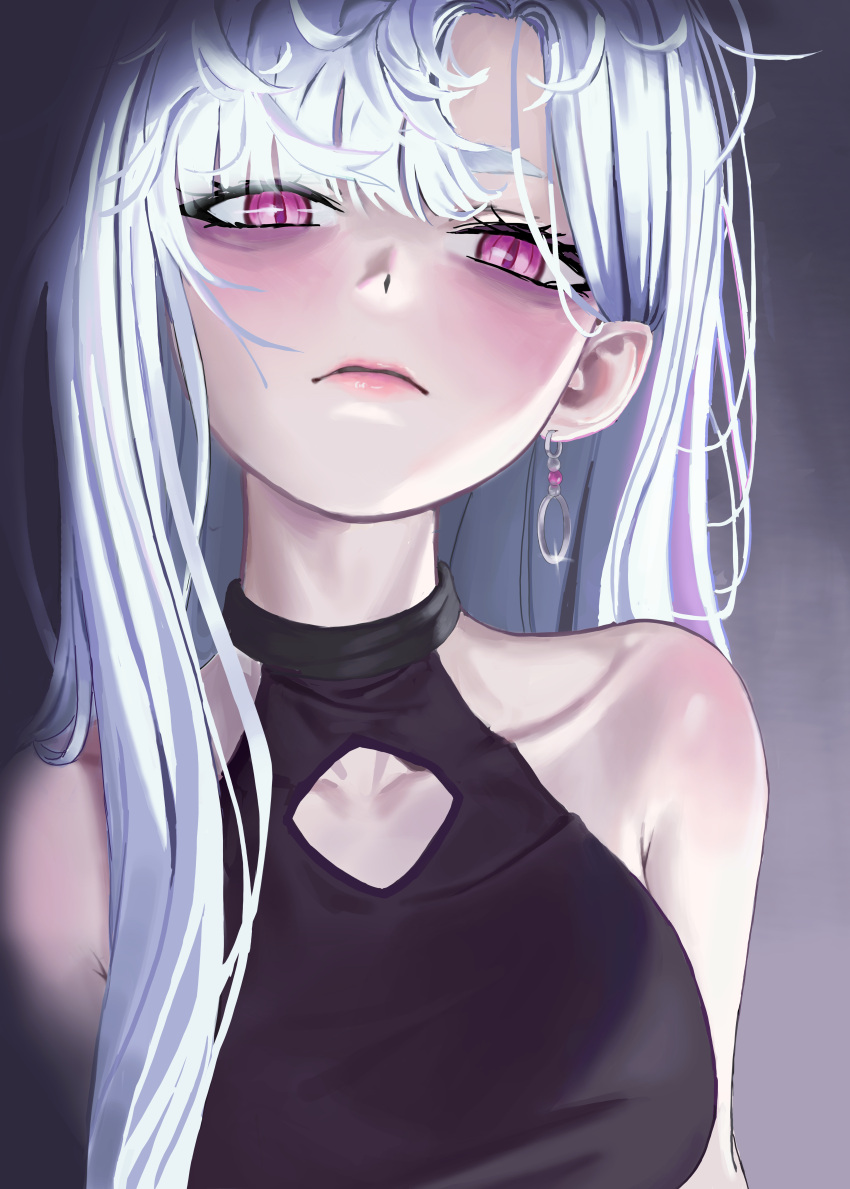 1girl, absurdres, ahoge, belt, black_shirt, earrings, forehead, grey_hair