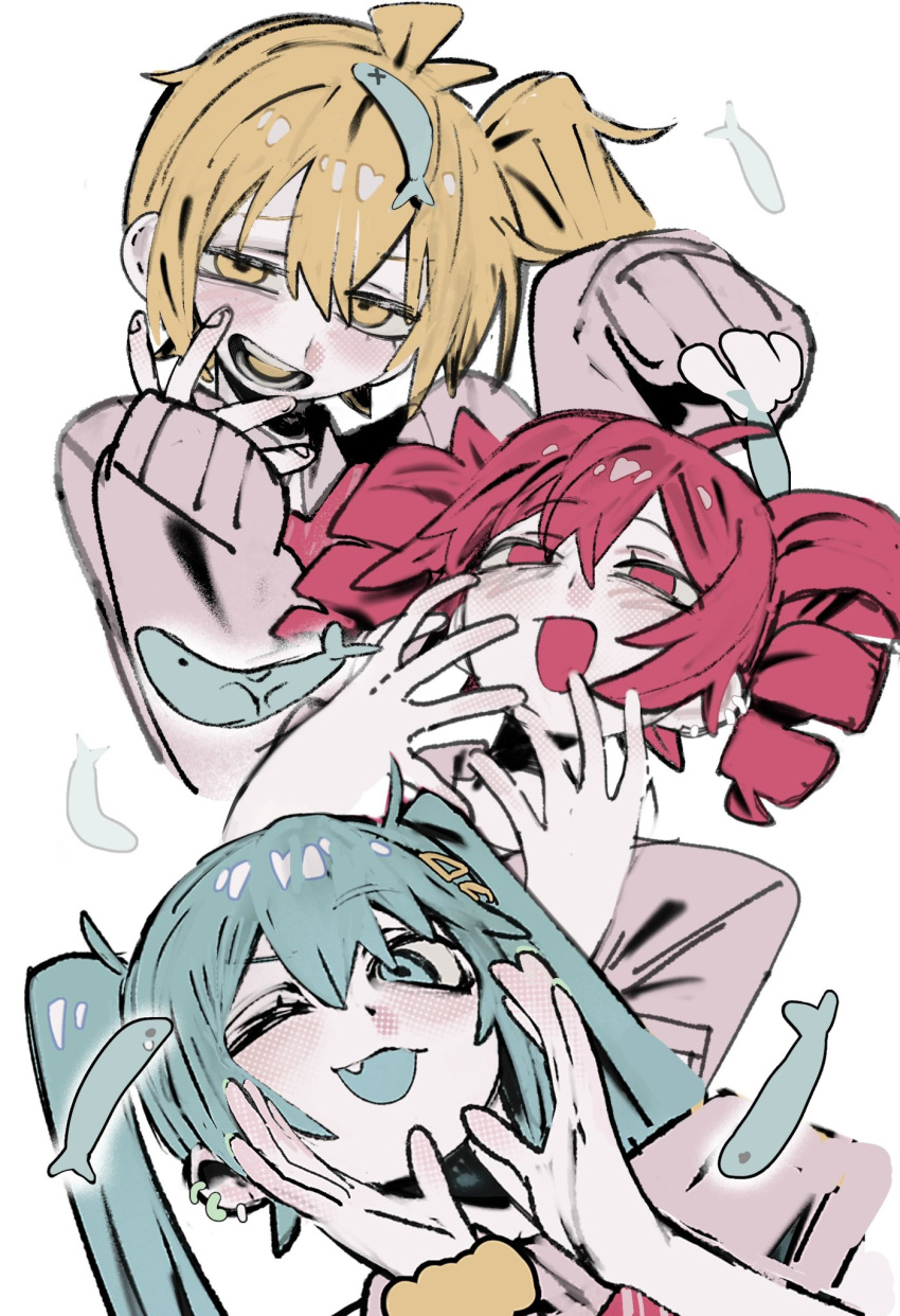3girls, akita_neru, animal, blonde_hair, blush, cardigan, chappii_(paon_gunsou), commentary