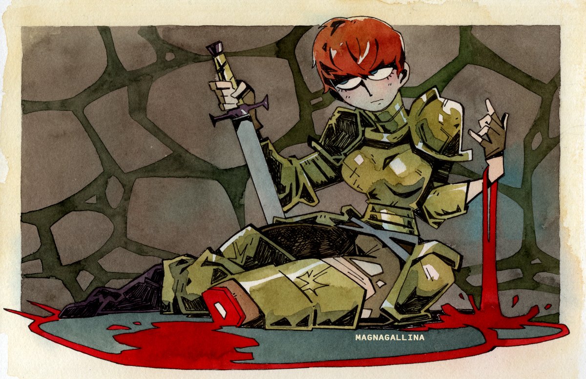 1girl, amputee, armor, artist_name, black_boots, blood_drip, boobplate, boots