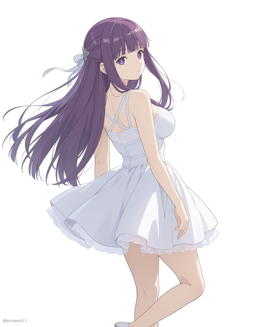 1girl, blunt_bangs, breasts, dress, fern_(sousou_no_frieren), highres, long_hair, looking_at_viewer