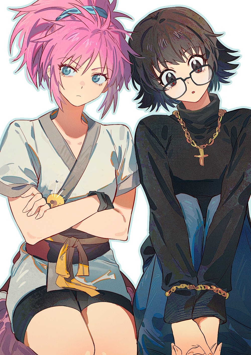 2girls, black-framed_eyewear, black_eyes, black_hair, black_sweater, blue_eyes, blue_outline, commentary