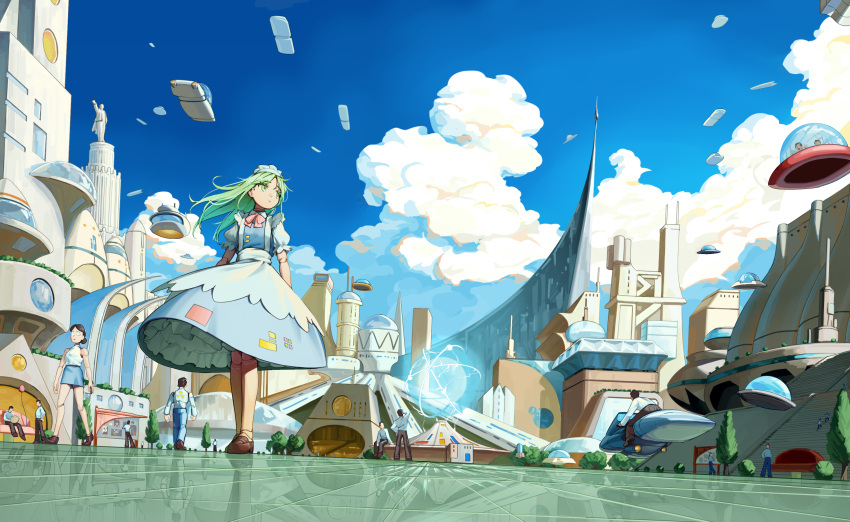 absurdres, apron, balloon, blue_dress, blue_sky, bow, breasts, collared_shirt