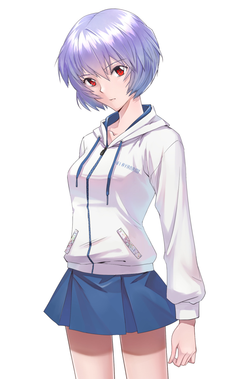 1girl, ayanami_rei, blue_skirt, casual, character_name, clothes_writing, collarbone, commentary