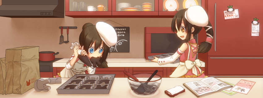 baking, black_hair, blue_eyes, brown_eyes, cookie_cutter, cookie_cutters, cooking, hat