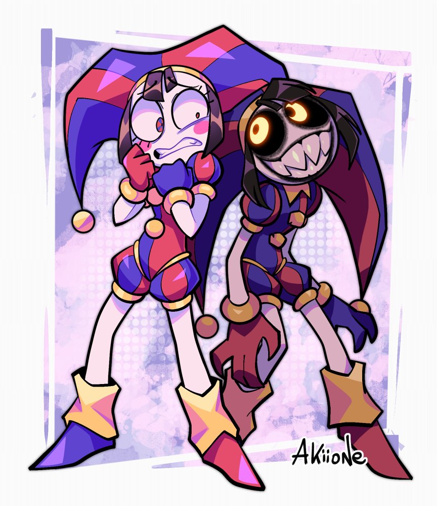 2girls, artist_name, asymmetrical_footwear, asymmetrical_gloves, black_sclera, blue_eyes, blue_gloves, blush_stickers