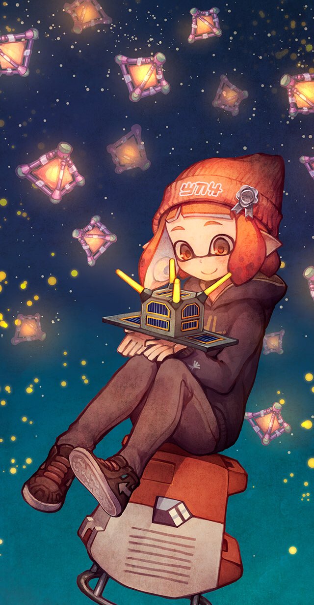 1girl, beanie, black_hoodie, black_shoes, blue_background, blunt_bangs, closed_mouth, commentary_request