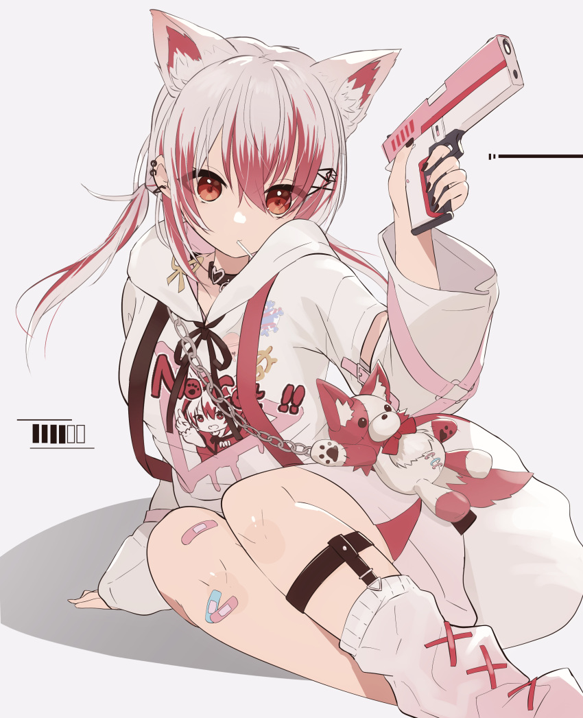 1girl, absurdres, animal_ears, bandaid, bandaid_on_leg, gun, highres, holding, holding_gun, holding_weapon, hood, hood_down, hoodie, looking_at_viewer, multicolored_hair, red_eyes, red_hair, sake-meron, sitting, socks, solo, syusetu_kohaku, two-tone_hair, vee_(vtuber), virtual_youtuber, weapon, white_background, white_hair, yokozuwari