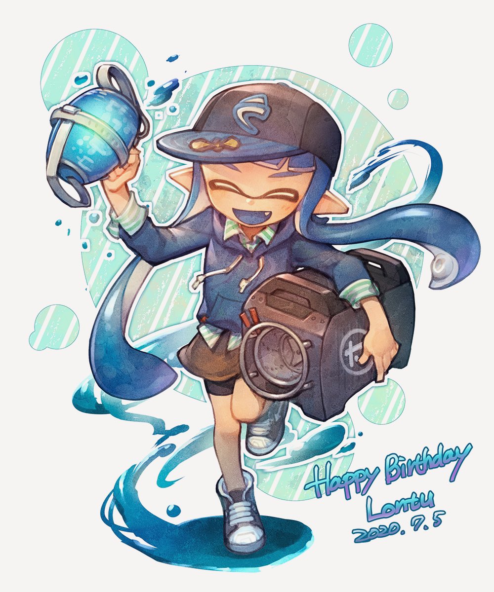 1girl, 2020, baseball_cap, black_hat, black_shoes, black_shorts, blue_hair, blue_hoodie
