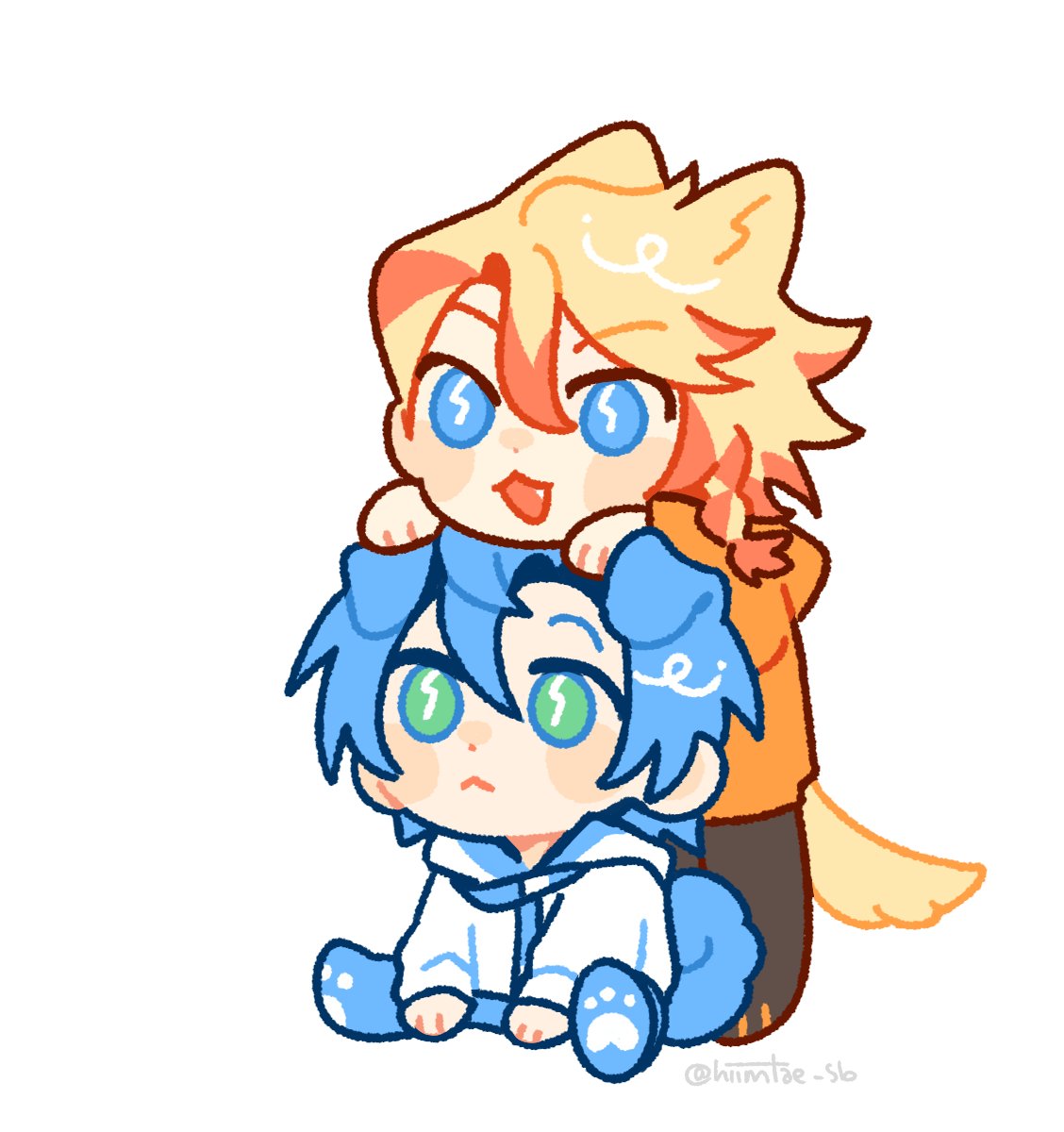 2boys, :<, animal_ears, axel_syrios, blonde_hair, blue_eyes, blue_hair, blush
