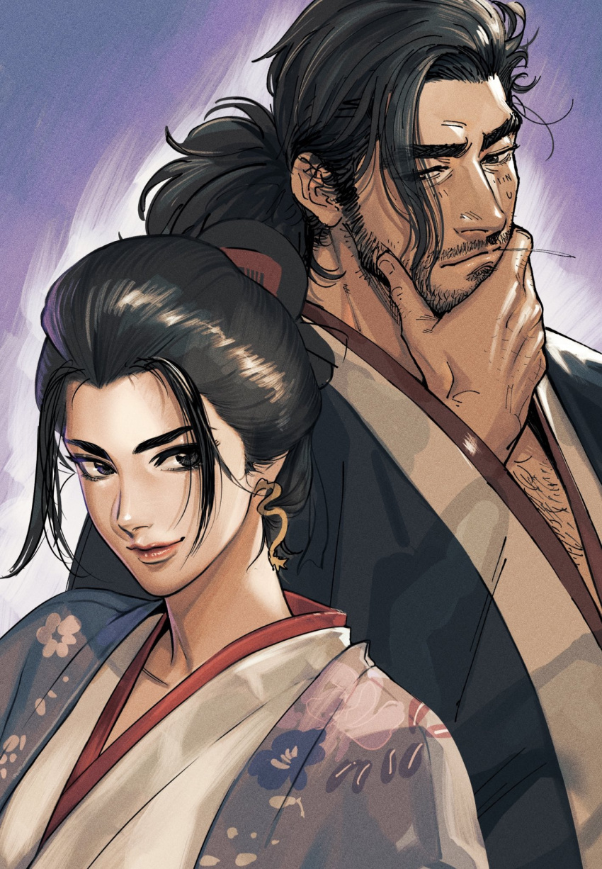 1boy, 1girl, beard, black_eyes, black_hair, chest_hair, commentary_request, earrings