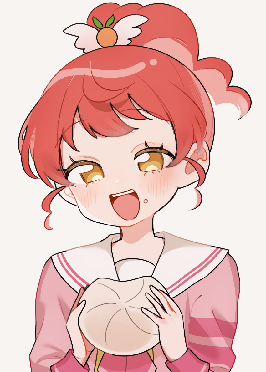 1girl, :d, absurdres, blush, cardigan, commentary, food, food-themed_hair_ornament