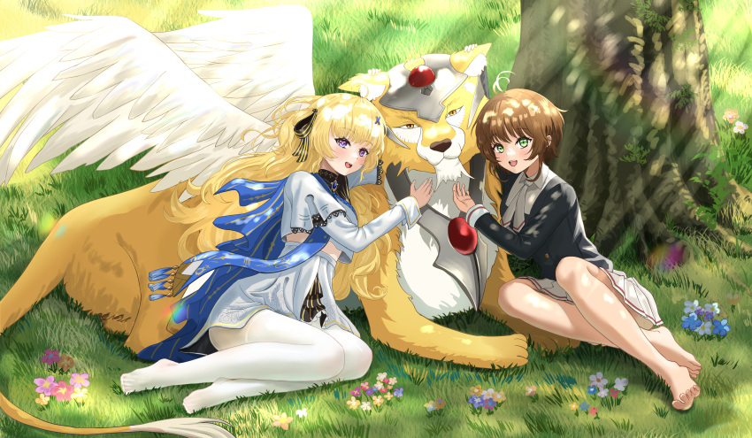 2girls, absurdres, animal, ayloss, bare_legs, barefoot, black_bow, black_collar