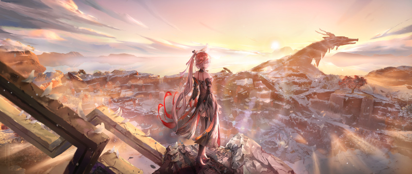 1girl, absurdres, animal_on_head, apas8384, back, bare_shoulders, bird, bird_on_head
