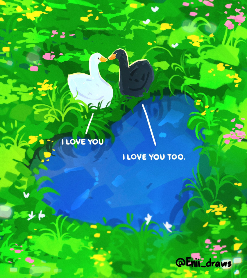 animal, animal_focus, animals_kissing, bird, black_bird, duck, english_text, enii_draws, flower, grass, heart, highres, kiss, no_humans, original, outdoors, plant, pond, scenery, white_bird